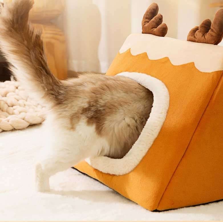 猫ベッド 鹿の角付き招財テント型ペットハウス