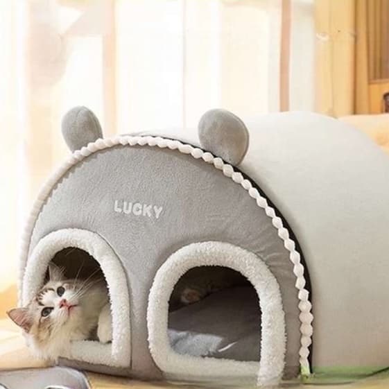 猫ベッド もこもこ耳つき猫ハウス ラッキー
